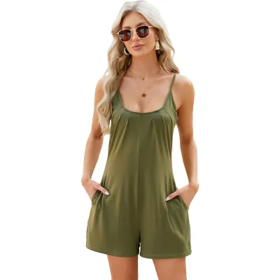 Summer Women Fashion Solid Color Sling Loose Rompers
