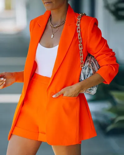 Women's Casual Commuter Wind Solid Color Lapel Suit Shorts Two-Piece Set