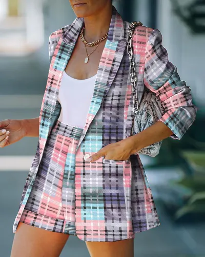 Women's Casual Commuter Wind Solid Color Lapel Suit Shorts Two-Piece Set
