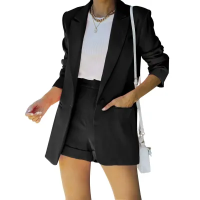 Women's Casual Commuter Wind Solid Color Lapel Suit Shorts Two-Piece Set