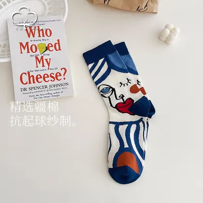 Women Simple Cotton Cartoon Geometric Lines Face Printing Breathable Sweat-Absorbent Socks