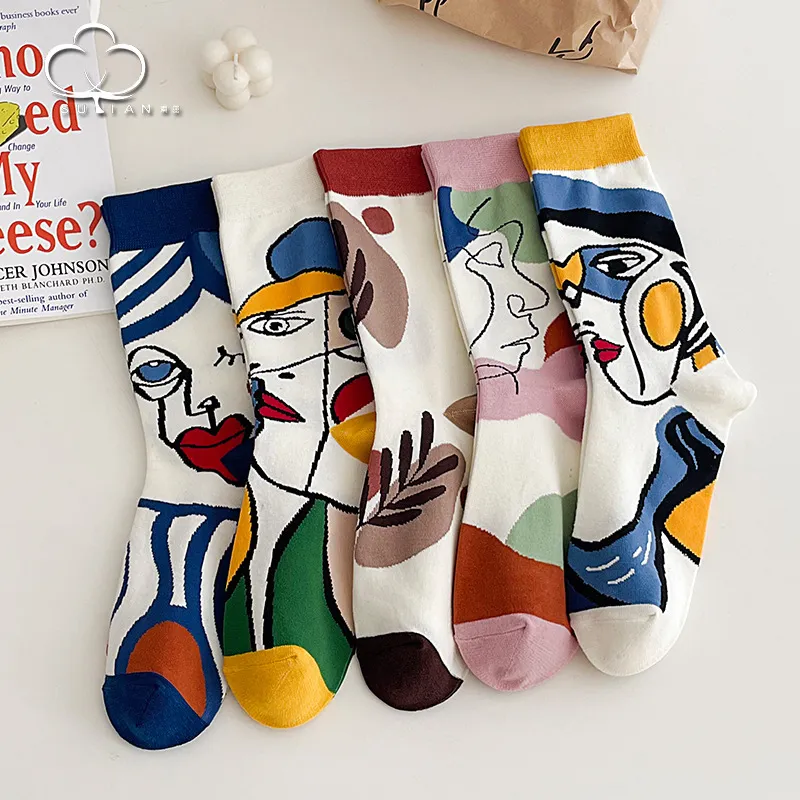 Women Simple Cotton Cartoon Geometric Lines Face Printing Breathable Sweat-Absorbent Socks
