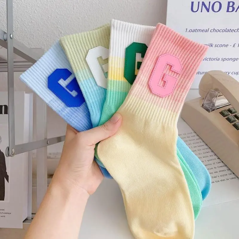 Women's Fashion Gradient Letter Combed Cotton Knee High Socks