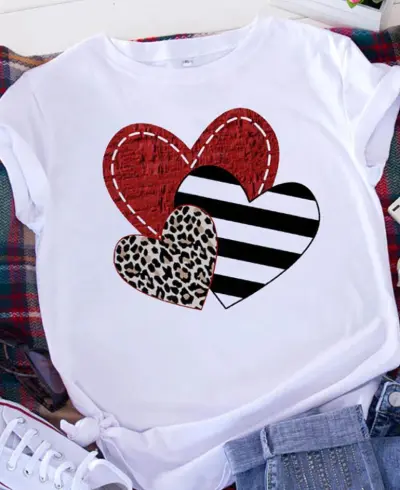 Women Casual Loose Fit Short Sleeve T-Shirt with 3D Heart Print