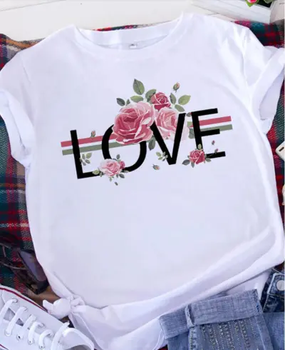 Women Casual Loose Fit Short Sleeve T-Shirt with 3D Heart Print