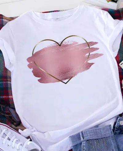 Women Casual Loose Fit Short Sleeve T-Shirt with 3D Heart Print