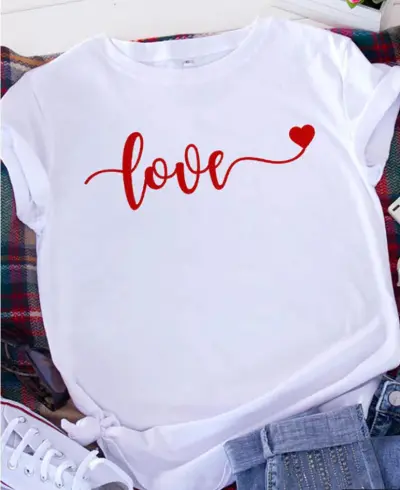 Women Casual Loose Fit Short Sleeve T-Shirt with 3D Heart Print