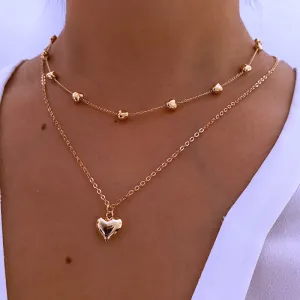 Women Fashion Simple Double Layer Heart Beaded Alloy Necklace
