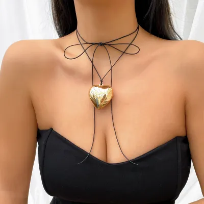 Women Simple Adjustable Wax Line Large Heart Pendant Necklace