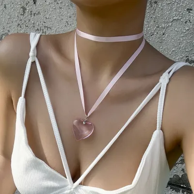 Women Simple Adjustable Wax Line Large Heart Pendant Necklace