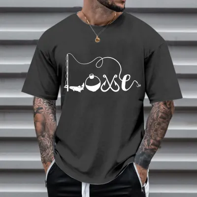 Men Fashion Casual Basic Alphabet Fishing Print Plus Size Short Sleeve Round Neck T-Shirt