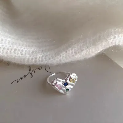 Women Fashion Simple Multicolor Heart-Shaped Rhinestone Ring