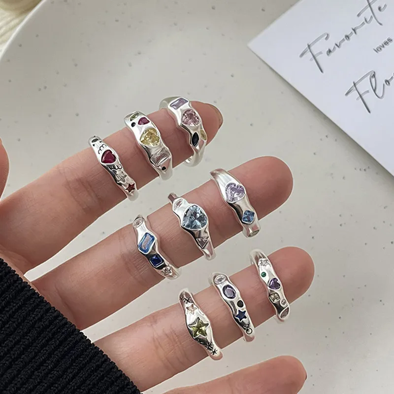 Women Fashion Simple Multicolor Heart-Shaped Rhinestone Ring