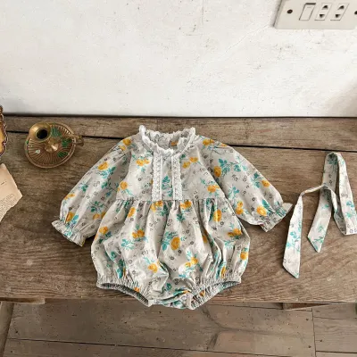 Kids Baby Girls Casual Tiny Flower Print Long Sleeve Round Neck Romper