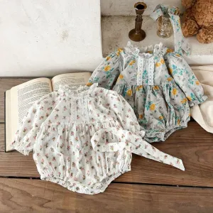 Kids Baby Girls Casual Tiny Flower Print Long Sleeve Round Neck Romper