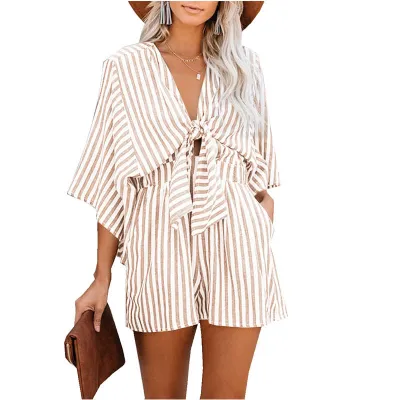 Women Fashion Casual Deep V Stripe Strap Romper