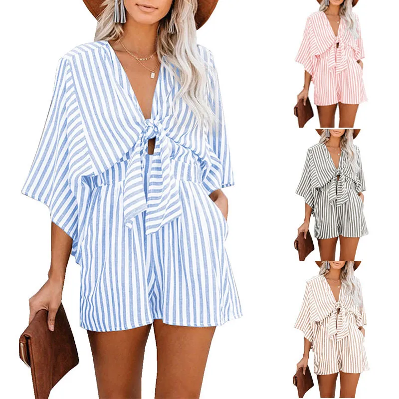 Women Fashion Casual Deep V Stripe Strap Romper