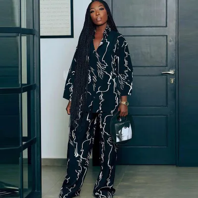 Women Casual Print Long-Sleeved Top Wide-Leg Pants Two-Piece Set
