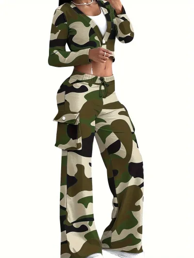 Women Casual Camouflage Print Long-Sleeved Crop Top Wide-Leg Pants Two-Piece Set