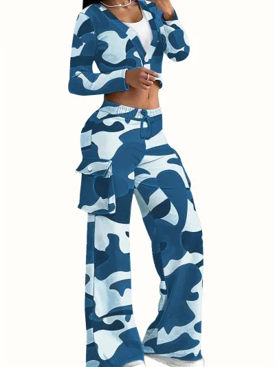 Women Casual Camouflage Print Long-Sleeved Crop Top Wide-Leg Pants Two-Piece Set