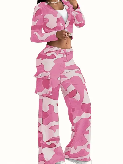 Women Casual Camouflage Print Long-Sleeved Crop Top Wide-Leg Pants Two-Piece Set