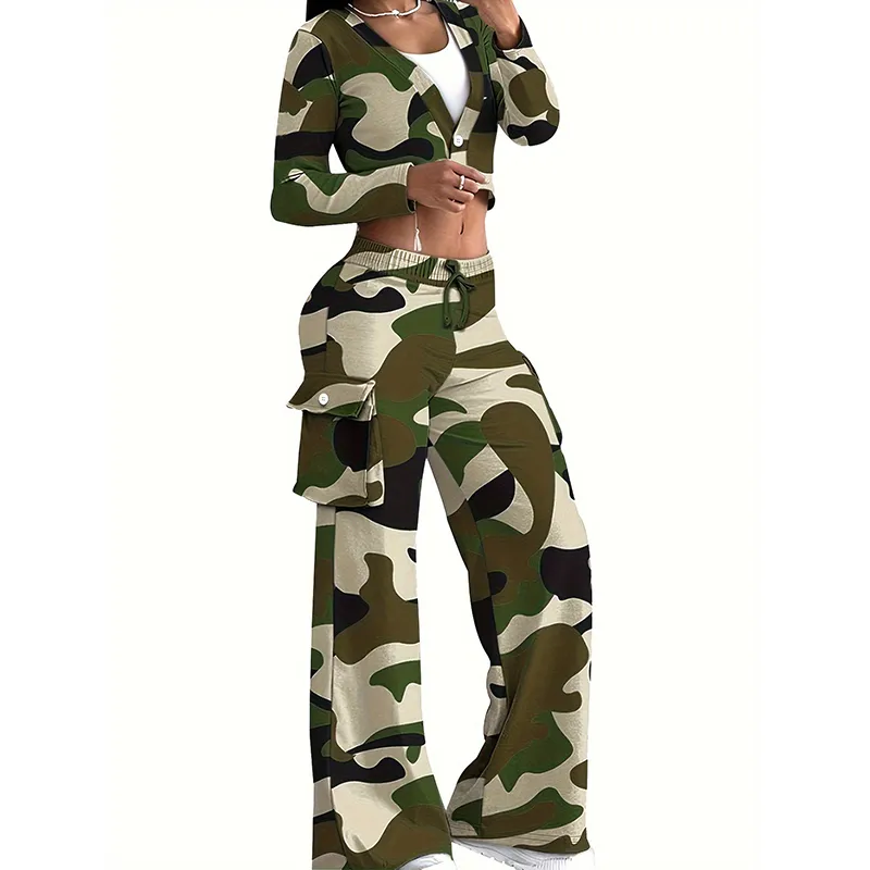 Women Casual Camouflage Print Long-Sleeved Crop Top Wide-Leg Pants Two-Piece Set