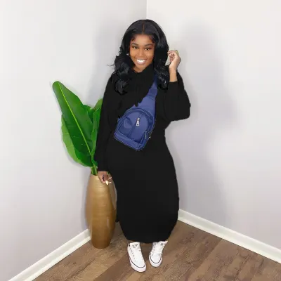 Women Casual Hooded Long-Sleeved Sweat Skirt Set Solid Color
