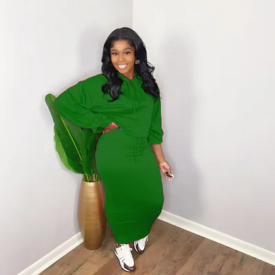 Women Casual Hooded Long-Sleeved Sweat Skirt Set Solid Color