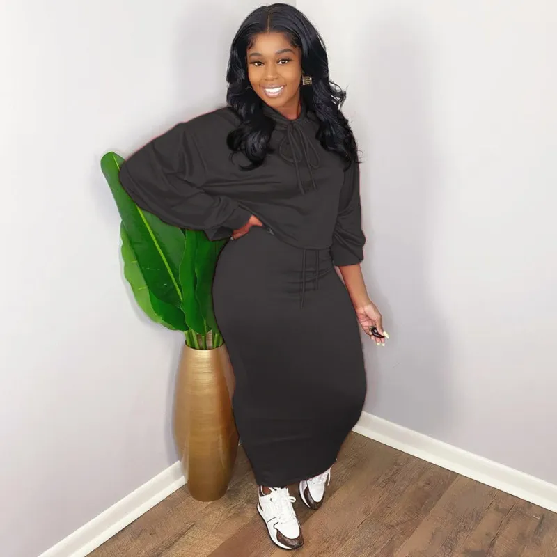 Women Casual Hooded Long-Sleeved Sweat Skirt Set Solid Color