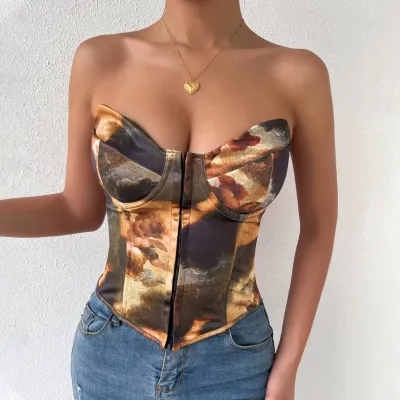 Women Fashion Sexy Printed Strapless Steel Ring Fishbone Tube Top