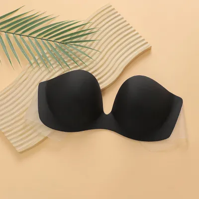 Women Fashion Deep U Gathered Invisible Chest Patch Bra
