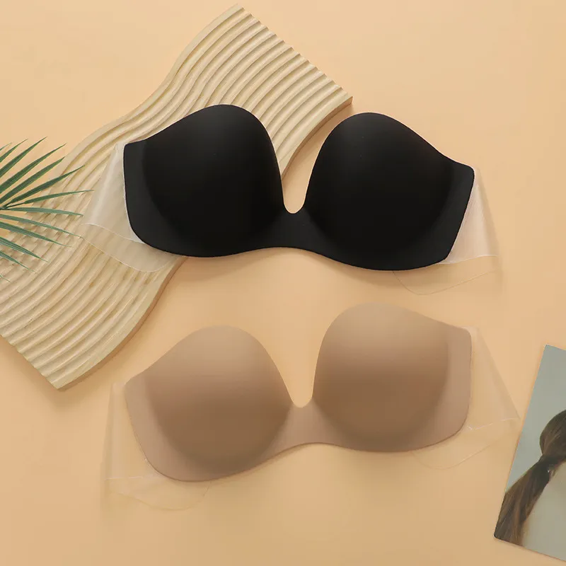 Women Fashion Deep U Gathered Invisible Chest Patch Bra
