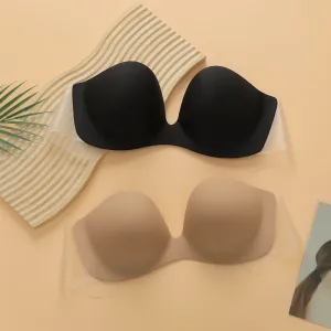 Women Fashion Deep U Gathered Invisible Chest Patch Bra