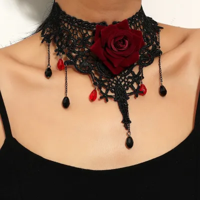 Women Fashion Dark Gothic Rose Lace Neck Chain Necklace