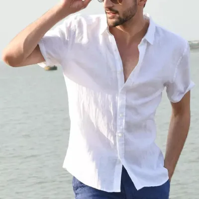 Men Fashion Casual Basic Solid Color Short Sleeve Lapel Shirt