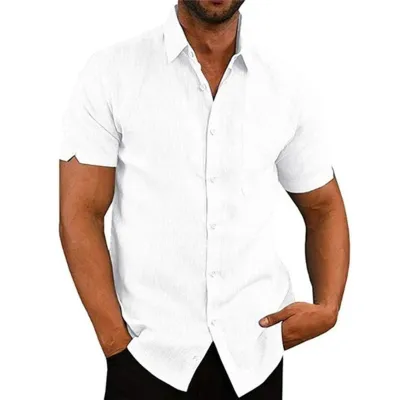 Men Fashion Casual Basic Solid Color Short Sleeve Lapel Pocket Shirt