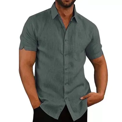 Men Fashion Casual Basic Solid Color Short Sleeve Lapel Pocket Shirt