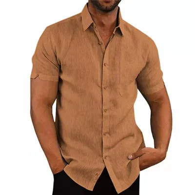 Men Fashion Casual Basic Solid Color Short Sleeve Lapel Pocket Shirt