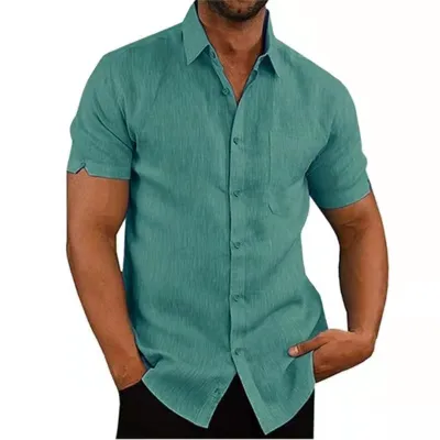 Men Fashion Casual Basic Solid Color Short Sleeve Lapel Pocket Shirt