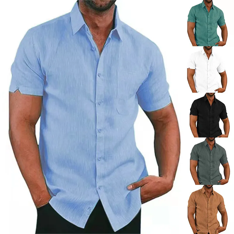 Men Fashion Casual Basic Solid Color Short Sleeve Lapel Pocket Shirt