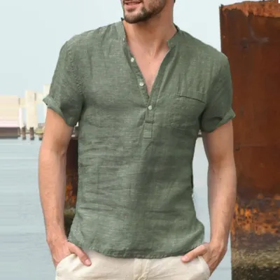 Men Fashion Casual Basic Solid Color Short Sleeve Stand Collar Shirt