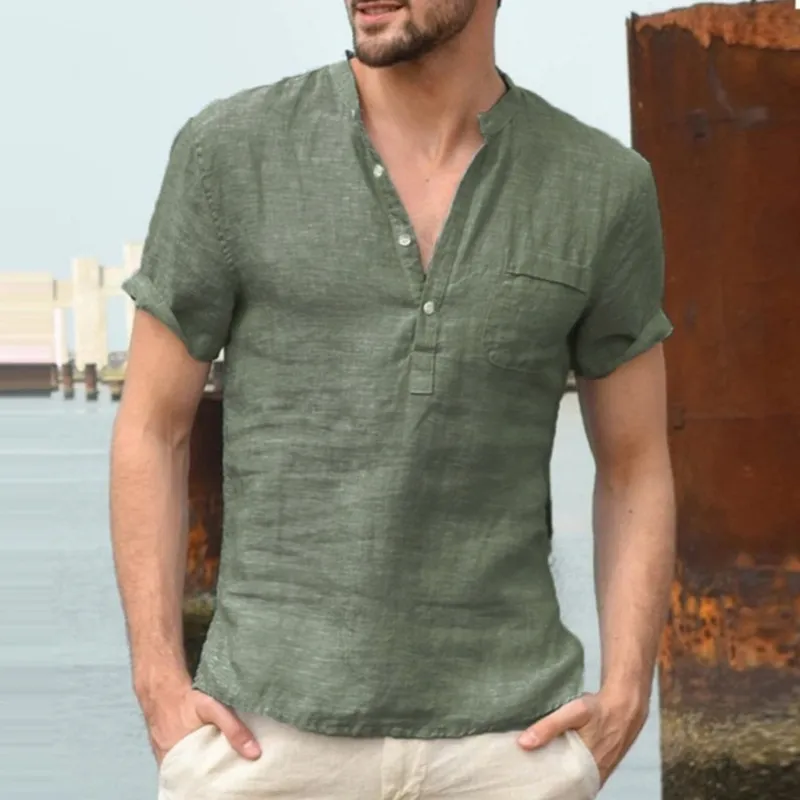 Men Fashion Casual Basic Solid Color Short Sleeve Stand Collar Shirt