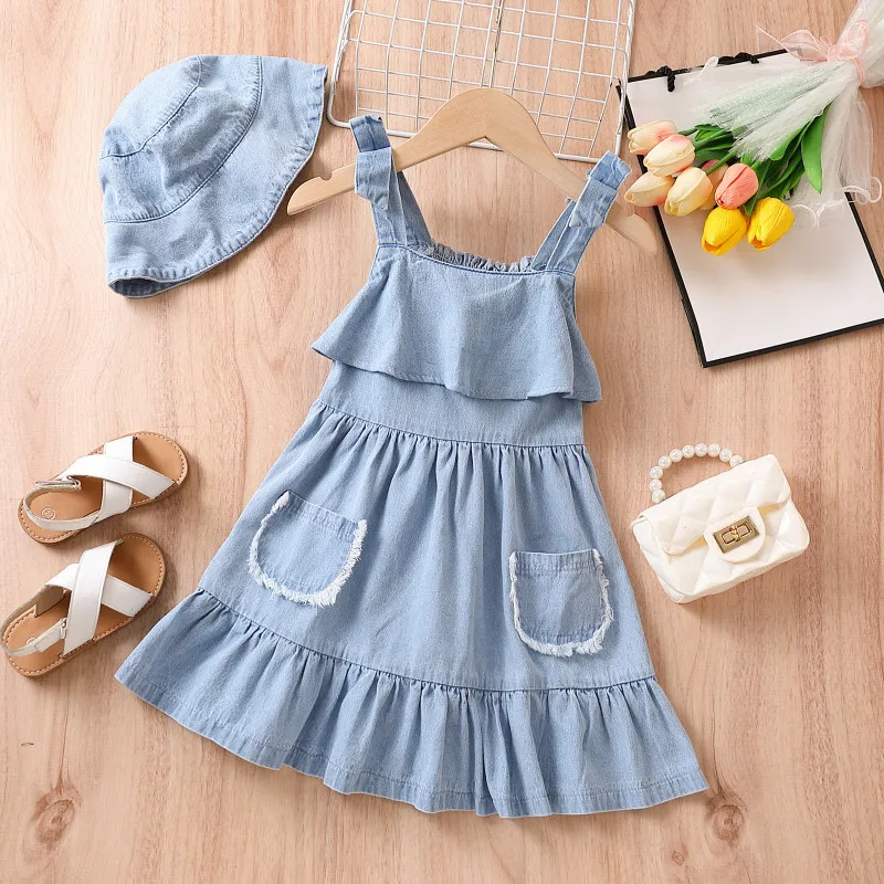 Kids Toddler Big Girls Casual Cute Denim Sleeveless Cami A-Line Princess Dress