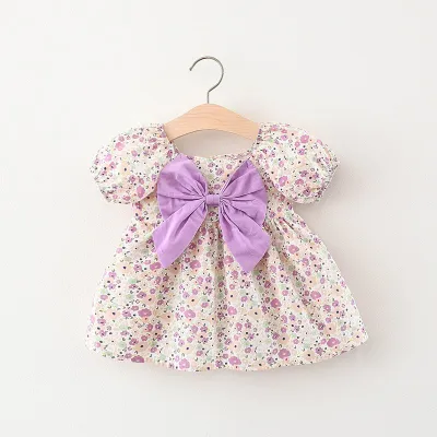 Kids Baby Girls Casual Cute Sweet Flower Print Short Sleeve Round Neck Princess Dress