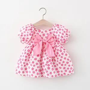 Kids Baby Girls Casual Cute Sweet Flower Print Short Sleeve Round Neck Princess Dress