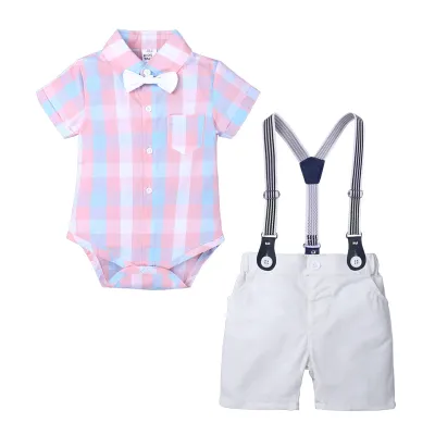 Kids Baby Boys Party Clothing British Style Short Sleeve Plaid Lapel Romper Suspender Pants Set