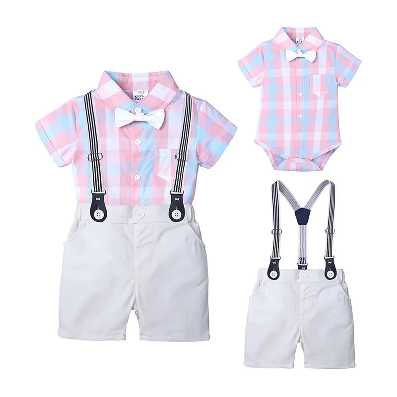 Kids Baby Boys Party Clothing British Style Short Sleeve Plaid Lapel Romper Suspender Pants Set