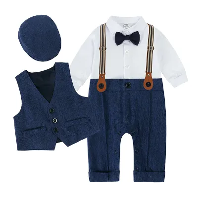 Baby Boys British Style Party Romper Set with Bow Vest and Lapel Shirt - Cotton Long Sleeve Rompers for 0-3T