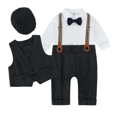 Baby Boys British Style Party Romper Set with Bow Vest and Lapel Shirt - Cotton Long Sleeve Rompers for 0-3T