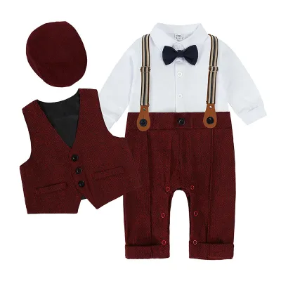 Baby Boys British Style Party Romper Set with Bow Vest and Lapel Shirt - Cotton Long Sleeve Rompers for 0-3T